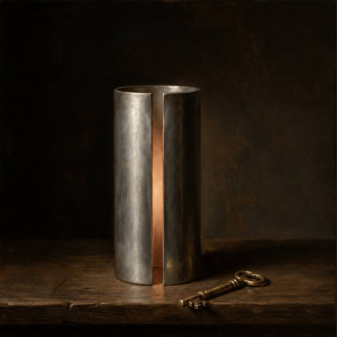 Still life oil painting: a metal cylinder with a warm copper slit beside an antique brass key on dark wood
